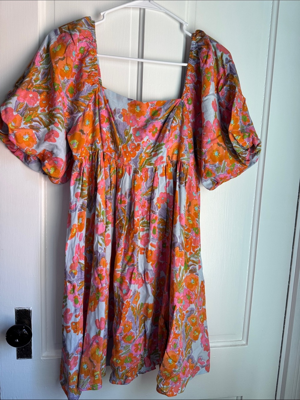 Square-Neck Floral Puff-Sleeve Mini Dress in Orange & Pink